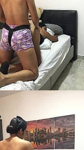 Hawt lalin girl lesbian babes screw with harness.