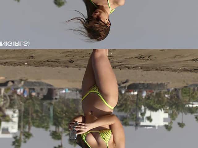 Curvaceous topless babe Katie Lou is walking on the beach
