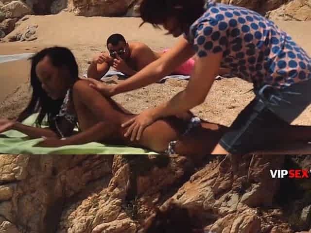 Sloppy Mouth Screw on Rocks: Tattooed Black Gags on His Chubby Jock by Sea