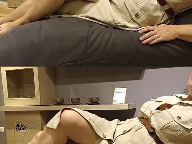 Horny Wife Masturbates Crossed Legs in a Furniture Store