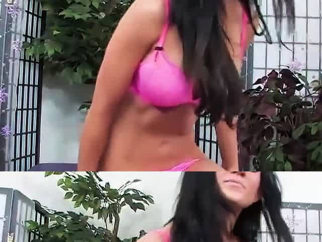 A big-titted black-haired loves solo play on a table