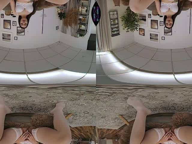 VR Porn - Solo Excited Brunette hair In White Nylons Touching Her Shaggy Snatch
