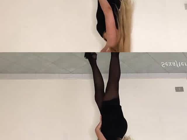 Striptease from hawt golden-haired teen with tan lines in ebony suit and nylons