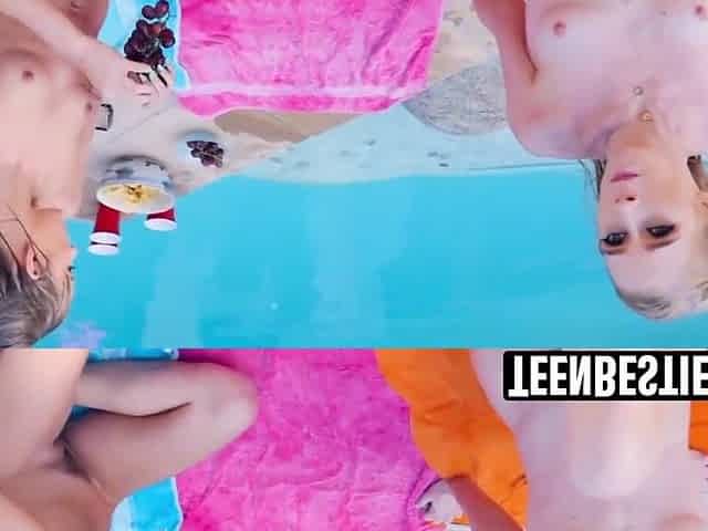 Poolside lesbo fellatio with 3 pretty besties