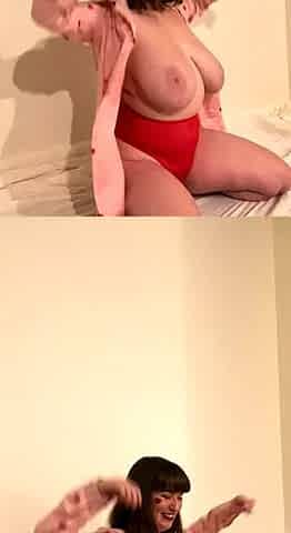 Busty curly brunette with big boobs fucks on couch