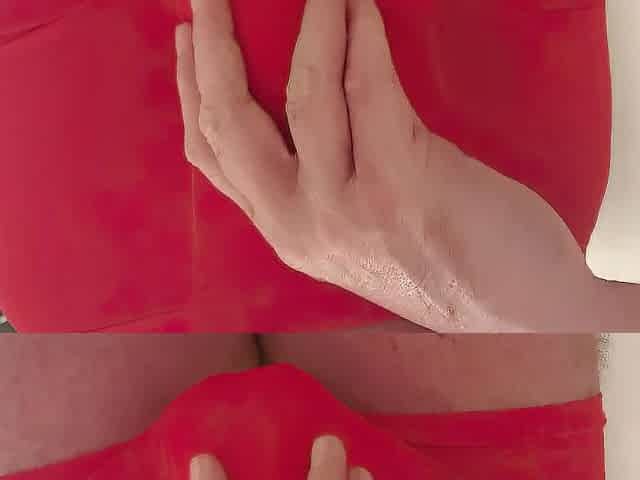 Red constricted underclothing pissing in the shower