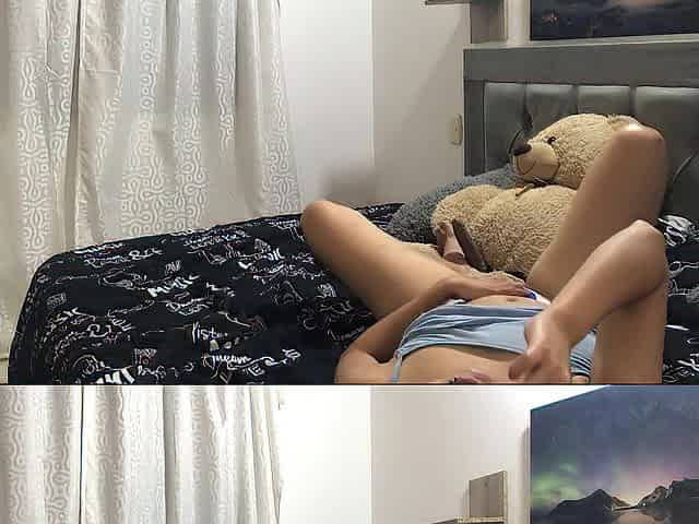 college angel in dorm banging with her bear and toys