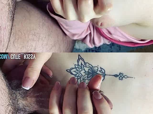 Stroking his hard schlong on my tiny melons untill large jizz flow and rub it in my teat