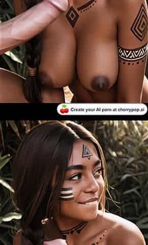 Brunette tribal facepaint sucks cock outdoors licks pussy