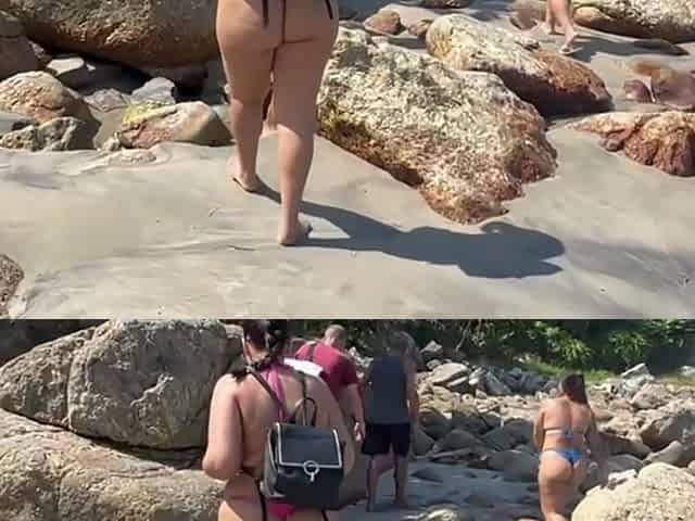 Hot Brunettes in Thong Bikini on the Trail of the Deserted Beach Delicious