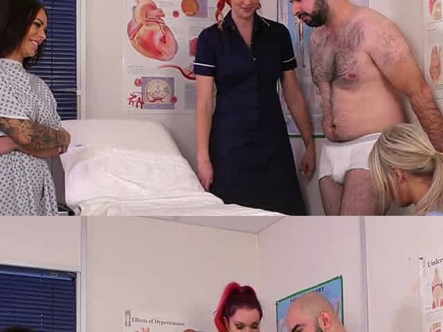 Four nurses, including Madison Foxx, Cici Anders, and Dulci Mae, perform a unique medical procedure.