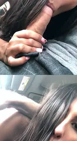 Big tit brunette sucks a big cock blowjob POV