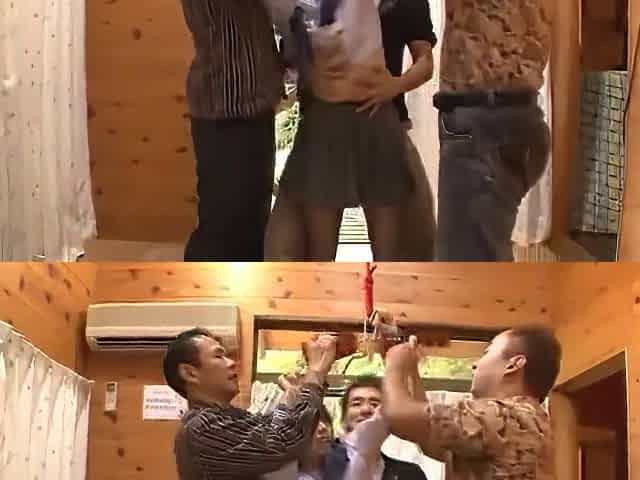 After enjoying the scent of the uniforms, they all end up cumming inside her tight pussy!