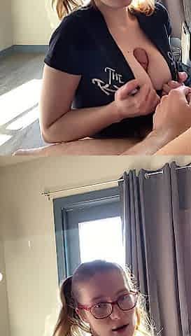 Pigtails Uses Her Tits On Huge Cock
