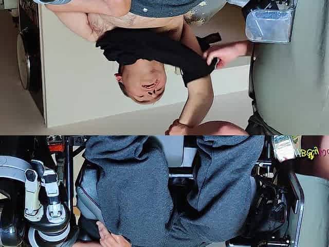 Wheelchair dude gets naked by his nurse for a tugjob
