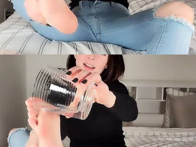 Brunette with foot fetish rubs big dick with her feet in POV