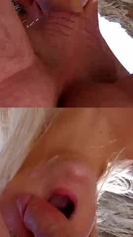 Super hot blonde milf gets sprayed with a hot load on her big tits