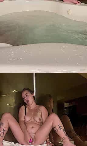 Wife gets her vagina drilled by large vibrator on edge of tub