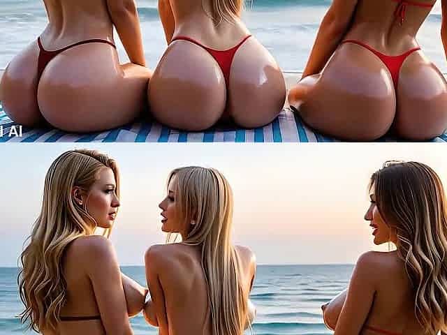 Foursome on a nudist beach with 3 breasty blondes - anal - AI Generation
