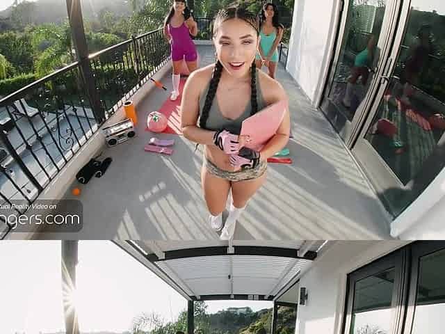 VR Bangers: 3 Large-butt Brunettes Deepthroat Your Shlong In An Outdoor Fitness Foursome