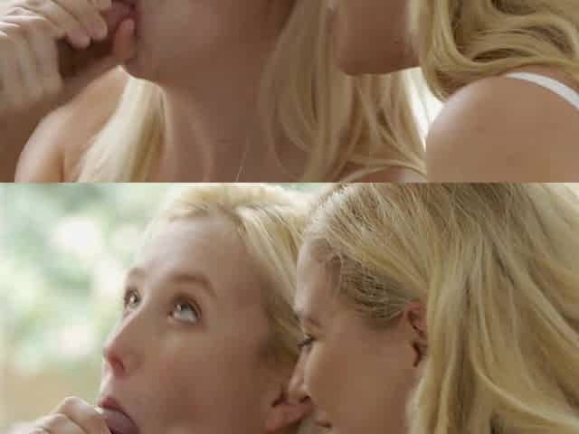Blonde babes cherie and samantha share a big cock
