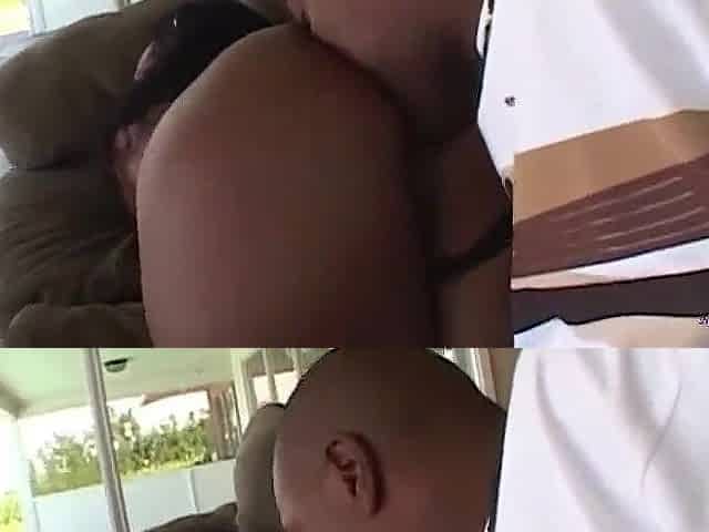 Nasty brunette hair does not stop bouncing her bulky Black ebony butt until his BBC cums