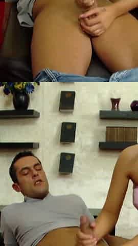Big ass babe likes to jerk oiled cock until she gets cum on her perky tits