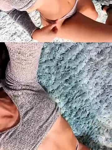 Busty curly brunette with big boobs fucks on couch