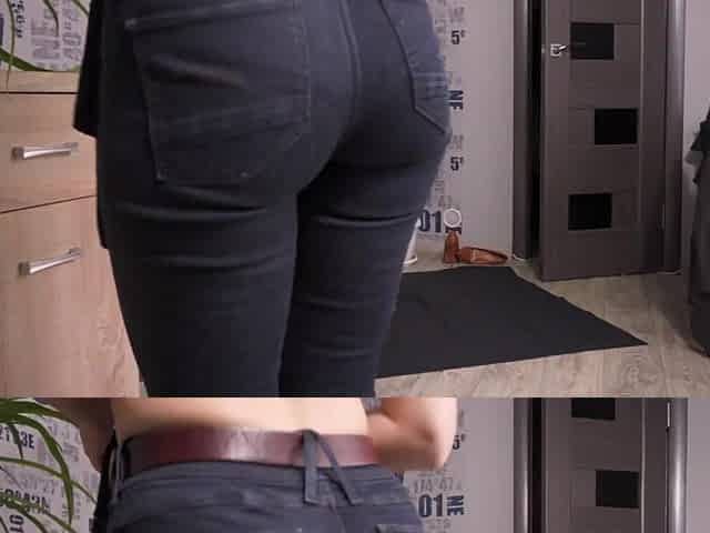 Butt Teasing In Taut Blue Jeans And Full Back Pants