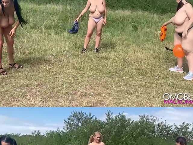3 Busty Girls Naked Playing in the Park