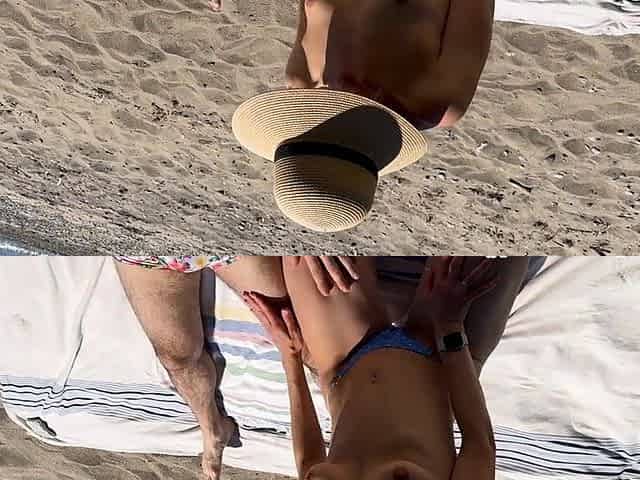 Girl's Beach Double Creampie Threesome with Hubby's Friend