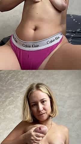 Russian Bitch with Milk Tits Jerked off with Milk From Her Breast