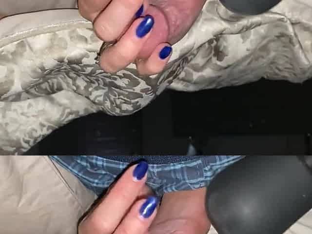 Teasing and edging him with a sensual handjob to completion. Bright blue fingernails on cock