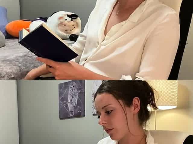 Voyeur of sexy brunette reading a hot romance novel and