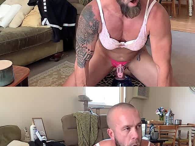 Sissy in Chasity Cage Cums
