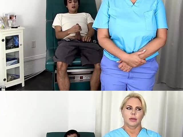 Chubby, golden-haired nurse, Karen Fisher loves to play with her melons whilst getting drilled at work