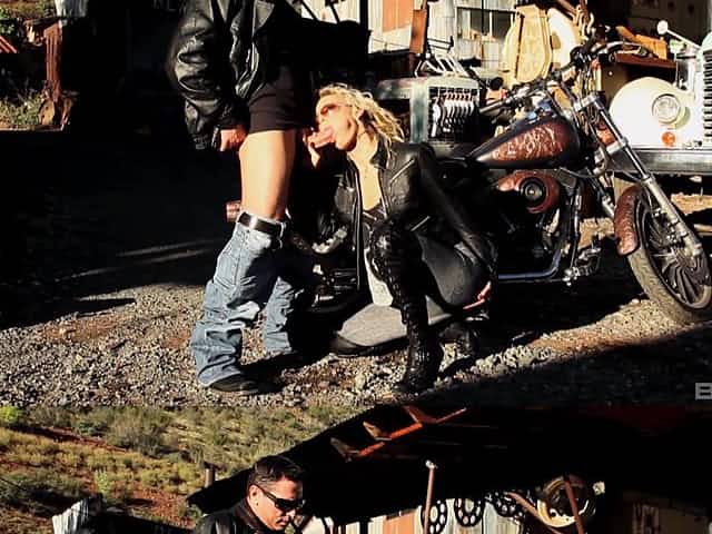 Trendy biker babe Jazy Berlin bent over a motorcycle and pounded hard