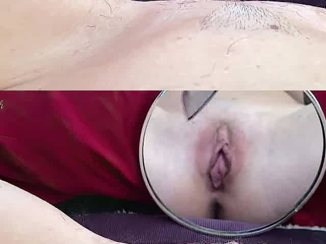 4K Trimming bushy Bush near mirror and rub hairless snatch