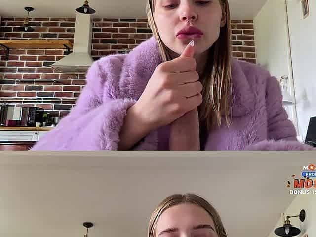 Hawt slut in purple furry coat loves cum on her glamorous face