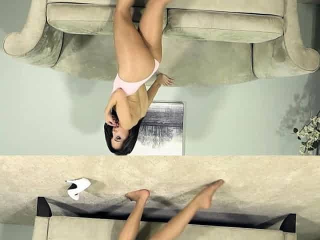 Brunette with foot fetish rubs big dick with her feet in POV
