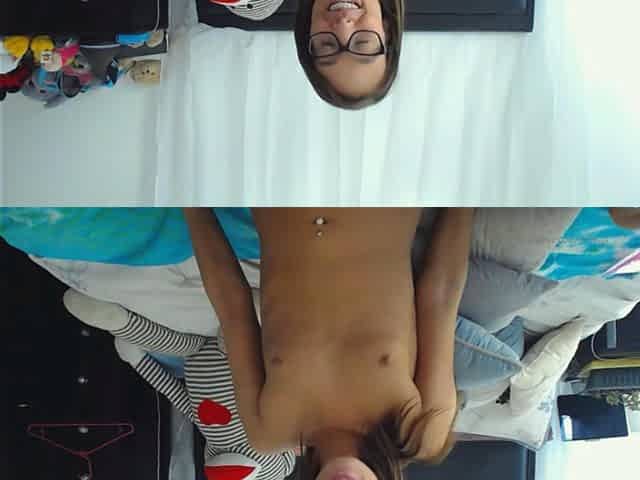 Small titted brunette teen fingering on the bed