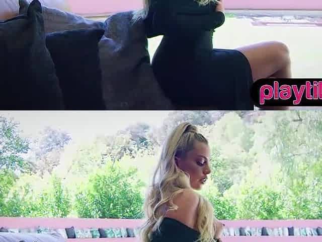 Large butt tiny golden-haired chick undresses and exposes her merry round bazookas