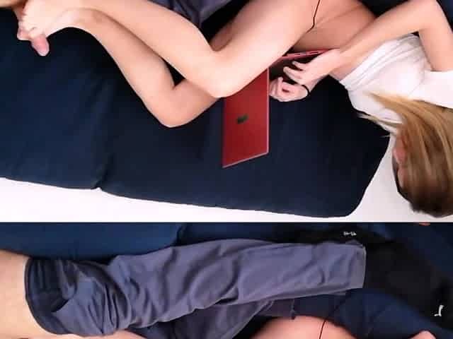 Blonde Babe Gives a Footjob and Handjob POV