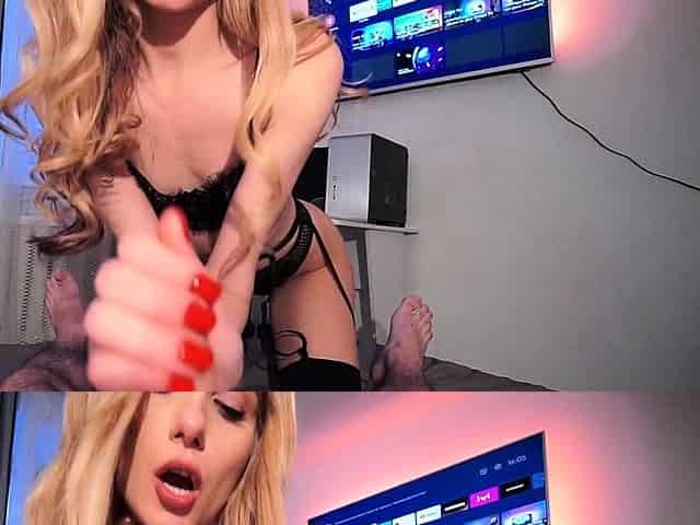 Slim girl gives sweet graceful blowjob and footjob to big