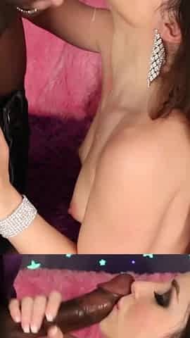 Superb brunette babe in high heels blows big cock and gets plowed