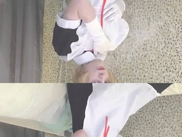 Blond femboy maid teasing and showing his ass in striped pants