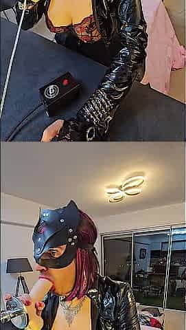 Sissy lola latex noir et masque hot de chat se fait baiser la bouche par sa sex machine en gorge profonde