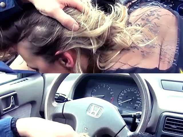 Horny bitch deepthroating 2 cocks in car
