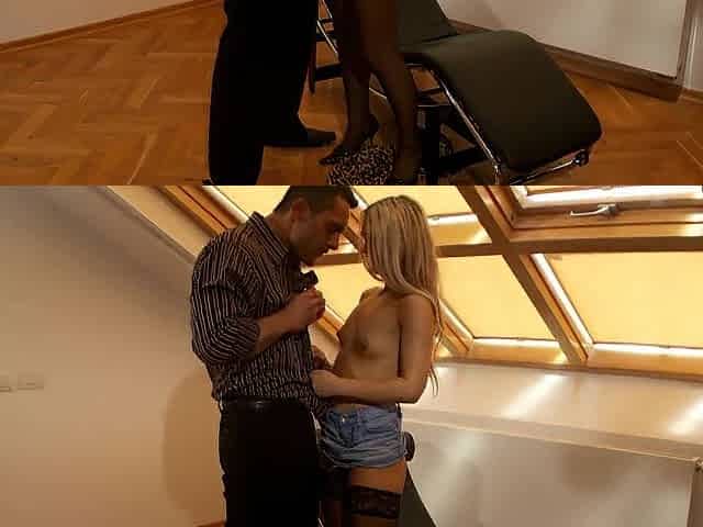 Appealing blond in ebony nylons butt drilled
