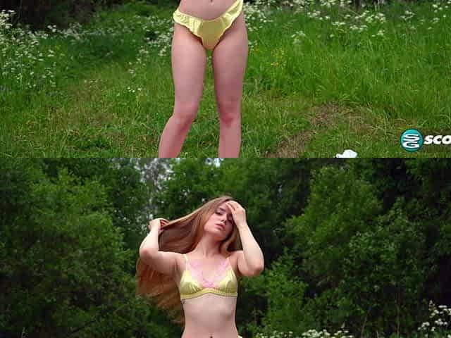 Petite Lalipop Rubs Her Pink Pussy in an Open Field